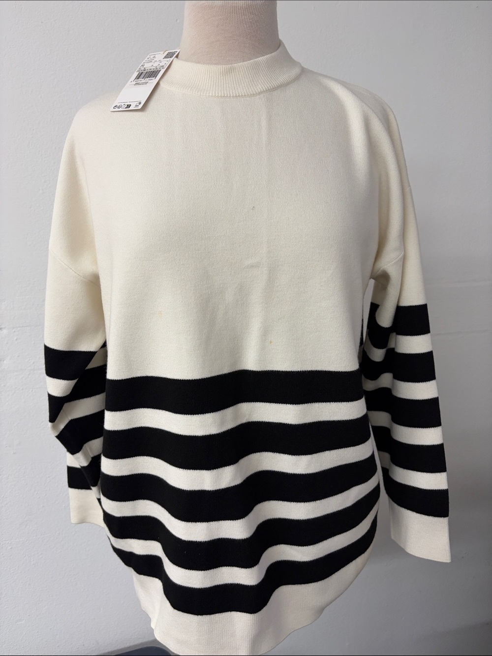 Mango Cream and Black Striped Crewneck Sweater